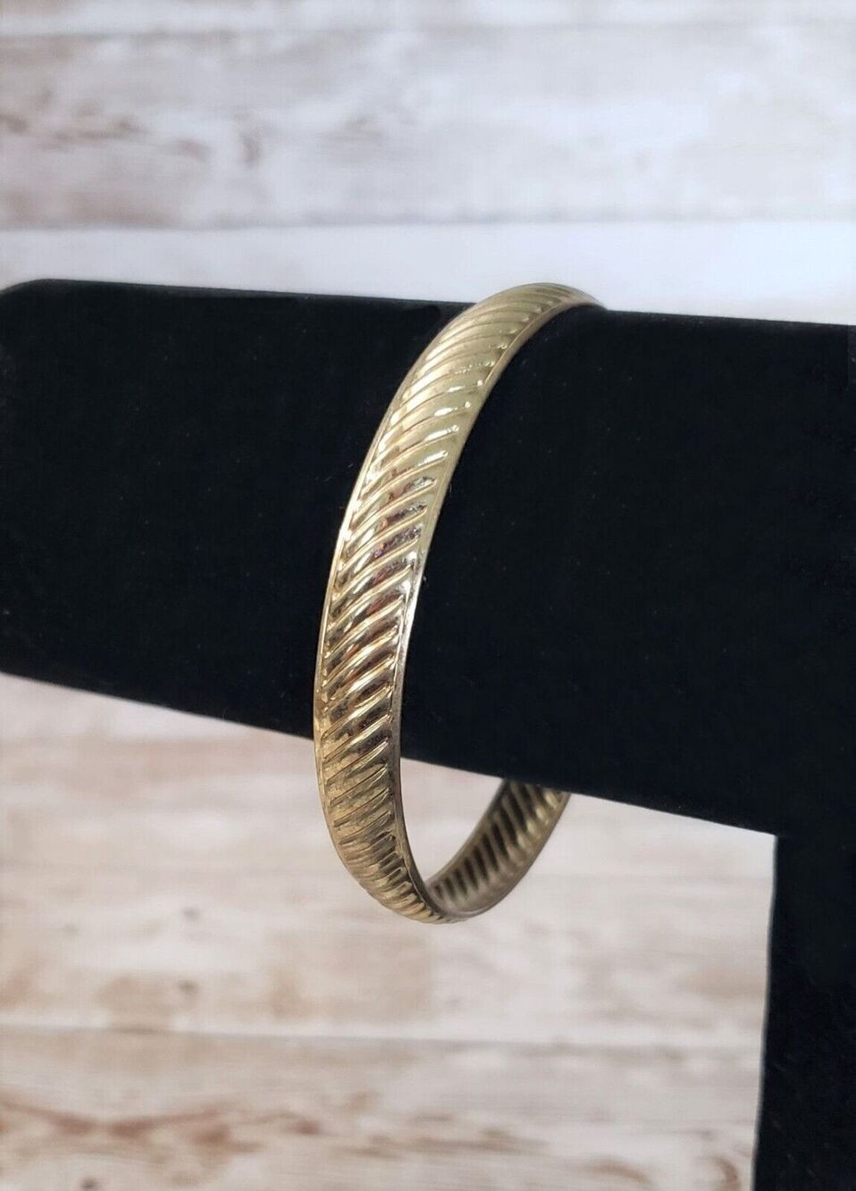 Vintage Bracelet / Bangle - Gold Tone Diagonal Line Design Bangle